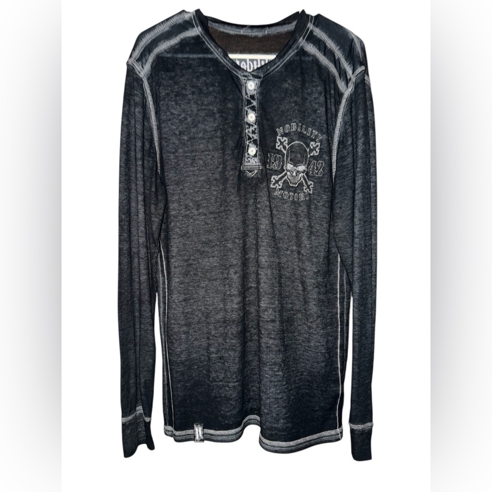 Y2K Nobility Motors Skull and Crosses Affliction Style Henley Long Sleeve Shirt